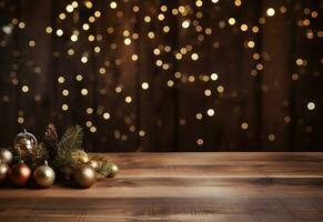 Natale scintillante oro palle con luccichio e Natale albero ramo su sfocato luci sfondo. festivo modello bandiera con creativo fronzolo decorazione e copia spazio. ai generativo foto