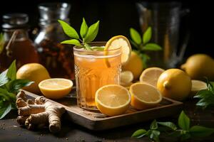 tazza di aromatico Zenzero e Limone tè con fresco le foglie e frutta fette su il tavolo. biologico e naturale, caldo salutare bevanda. foto