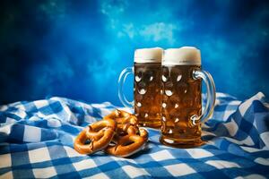 oktoberfest birra tazze e salatini su un' di legno tavolo con tradizionale asciugamano a blu sfondo. copia spazio. foto