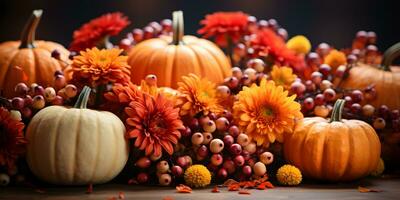 festivo autunno decorazione con zucche, fiori e autunno le foglie. ringraziamento giorno o Halloween bandiera concetto. foto