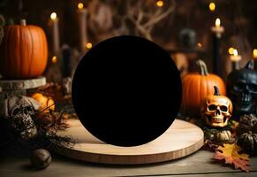 Halloween il giro cartello modello con zucche, teschi, candele e caduto le foglie su buio sfondo. nero tavola con autunno vacanza decorazione con copia spazio. generato ai. foto