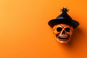 contento Halloween piatto posare modello con cranio nel un' cappello su arancia sfondo. autunno vacanza concetto composizione. superiore Visualizza con copia spazio. generato ai. foto