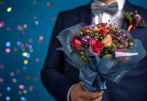 uomo nel un' completo da uomo Tenere un' mazzo di fiori con festivo orpello e coriandoli su un' buio blu sfondo con copia spazio. generato ai. foto