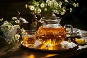 tazza di aromatico camomilla tè con fresco fiori e Limone fette su il tavolo. biologico e naturale, erbaceo caldo salutare bevanda. foto