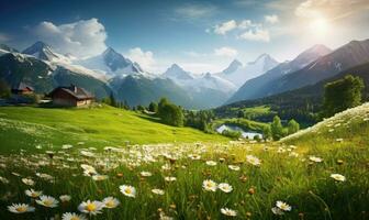 mozzafiato alpino paesaggio con vivace fiori selvatici nel il primo piano e maestoso montagne dietro. creato di ai utensili foto