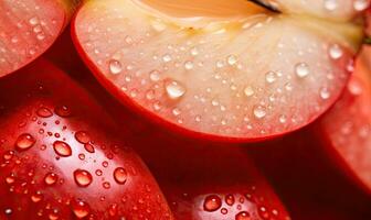 rosso mele fette. macro catturare di un' croccante Mela fetta acqua goccioline. della natura freschezza. creato di ai utensili foto