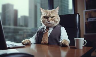 azzimato felino nel un' elegante completo da uomo si siede Lavorando a un ufficio scrivania. ai generativo foto