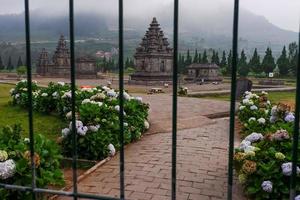 bellissima vista dei templi di arjuna e semar nel tempio di dieng foto