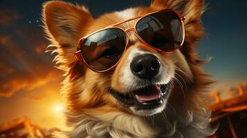 bellissimo soffice corgi cane nel occhiali da sole bugie riposo nel il sole foto