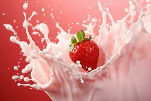 fragole autunno nel un' latteo rosa spruzzo su un' rosa sfondo. Immagine di fragola Yogurt, frappè o frullato. foto