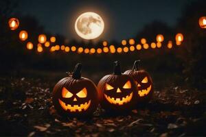 lavorato zucche per Halloween sorridente su terra sotto grande chiaro di luna. grande Luna su sfondo. pipistrelli su il cielo. ai generato foto