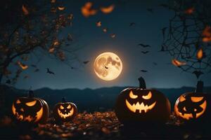 lavorato zucche per Halloween sorridente su terra sotto grande chiaro di luna. grande Luna su sfondo. pipistrelli su il cielo. ai generato foto