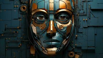 generativo ai, astratto robotica viso su arrugginito Vintage ▾ metallo sfondo, geometrico forme foto