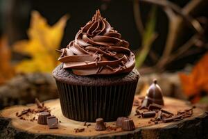 un' cioccolato Cupcake con cioccolato crema e cioccolato patatine fritte sta. ai generato foto