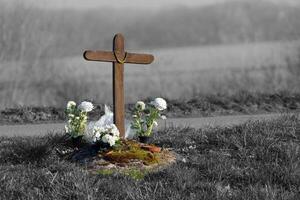 morto su il strada attraversare e fiori foto