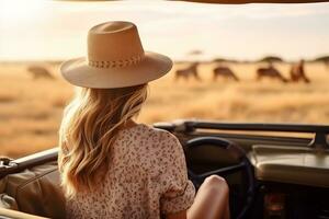 un' bellissimo femmina turista Esplorare un' savana ai generativo foto