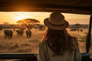 un' bellissimo femmina turista Esplorare un' savana ai generativo foto