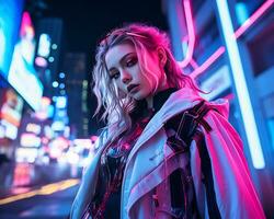 un' foto di un' ragazza nel un' illuminato al neon cyberpunk abbigliamento nel un' futuristico paesaggio urbano a notte ai generativo