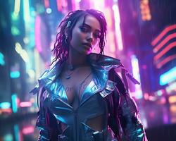 un' foto di un' ragazza nel un' illuminato al neon cyberpunk abbigliamento nel un' futuristico paesaggio urbano a notte ai generativo