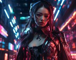 un' foto di un' ragazza nel un' illuminato al neon cyberpunk abbigliamento nel un' futuristico paesaggio urbano a notte ai generativo