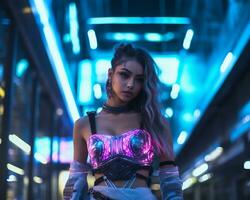 un' foto di un' ragazza nel un' illuminato al neon cyberpunk abbigliamento nel un' futuristico paesaggio urbano a notte ai generativo