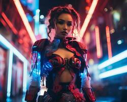 un' foto di un' ragazza nel un' illuminato al neon cyberpunk abbigliamento nel un' futuristico paesaggio urbano a notte ai generativo