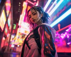 un' foto di un' ragazza nel un' illuminato al neon cyberpunk abbigliamento nel un' futuristico paesaggio urbano a notte ai generativo