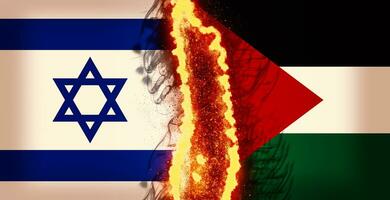 Israele vs Palestina bandiere diviso di fuoco e Fumo - digitale composito foto