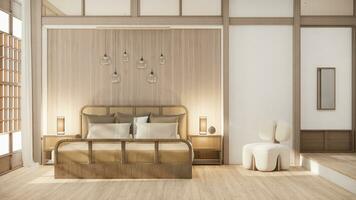 Giappone stile vuoto camera decorato con di legno letto, bianca parete e di legno parete. foto