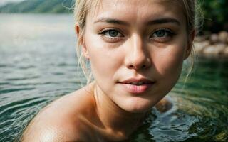 vicino su foto di donna sommerso nel acqua lago, generativo ai