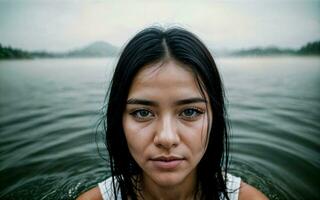 vicino su foto di donna sommerso nel acqua lago, generativo ai