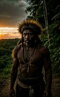foto di selvaggio barbaro tribale nel il giungla , generativo ai