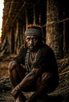 foto di selvaggio barbaro tribale nel il giungla , generativo ai