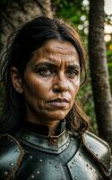 foto di selvaggio tribale donna indossare armatura nel il giungla, generativo ai
