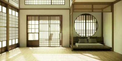 Giappone stile vuoto camera decorato con di legno letto, bianca parete e di legno parete. foto