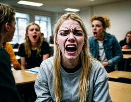 foto di arrabbiato ragazza adolescente nel scuola, generativo ai