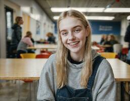foto di contento ragazza adolescente nel mensa scuola, generativo ai