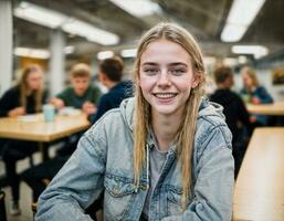 foto di contento ragazza adolescente nel mensa scuola, generativo ai