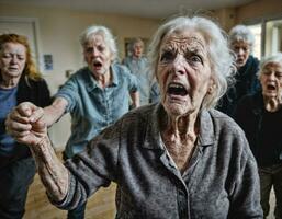 foto di arrabbiato anziano persone nel assistenza infermieristica casa, generativo ai