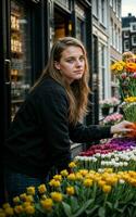 foto di donna come un' fioraio fiore negozio, generativo ai