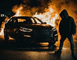 foto di uomo indossare felpa con cappuccio giacca nel davanti di ardente auto copertina con fuoco, generativo ai