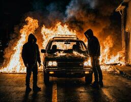 foto di uomo indossare felpa con cappuccio giacca nel davanti di ardente auto copertina con fuoco, generativo ai