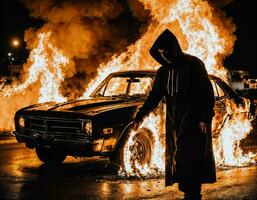 foto di uomo indossare felpa con cappuccio giacca nel davanti di ardente auto copertina con fuoco, generativo ai