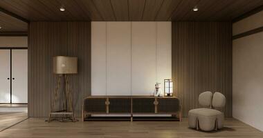 Consiglio dei ministri di legno giappone design su vivente camera muji stile vuoto parete sfondo. foto
