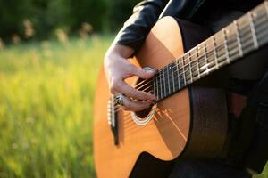 donna musicista giocando acustico chitarra nel natura foto