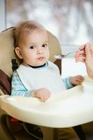 madre dà bambino cibo a partire dal un' cucchiaio foto