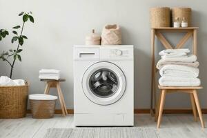 domestico camera interno con moderno lavaggio macchina e lavanderia cesti. generativo ai. foto