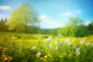 bellissimo prato campo con fresco erba e giallo dente di leone fiori nel natura contro un' sfocato blu cielo con nuvole. estate primavera Perfetto naturale paesaggio. generativo ai. foto