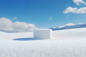 minimo Prodotto sfondo per Natale e inverno vacanza concetto. bianca podio e neve derive su blu cielo. 3d resa. generativo ai. foto