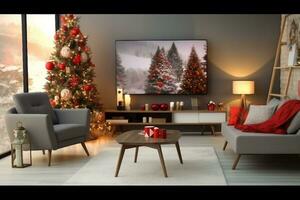 elegante vivente camera interno con moderno tv e Natale albero. generativo ai. foto